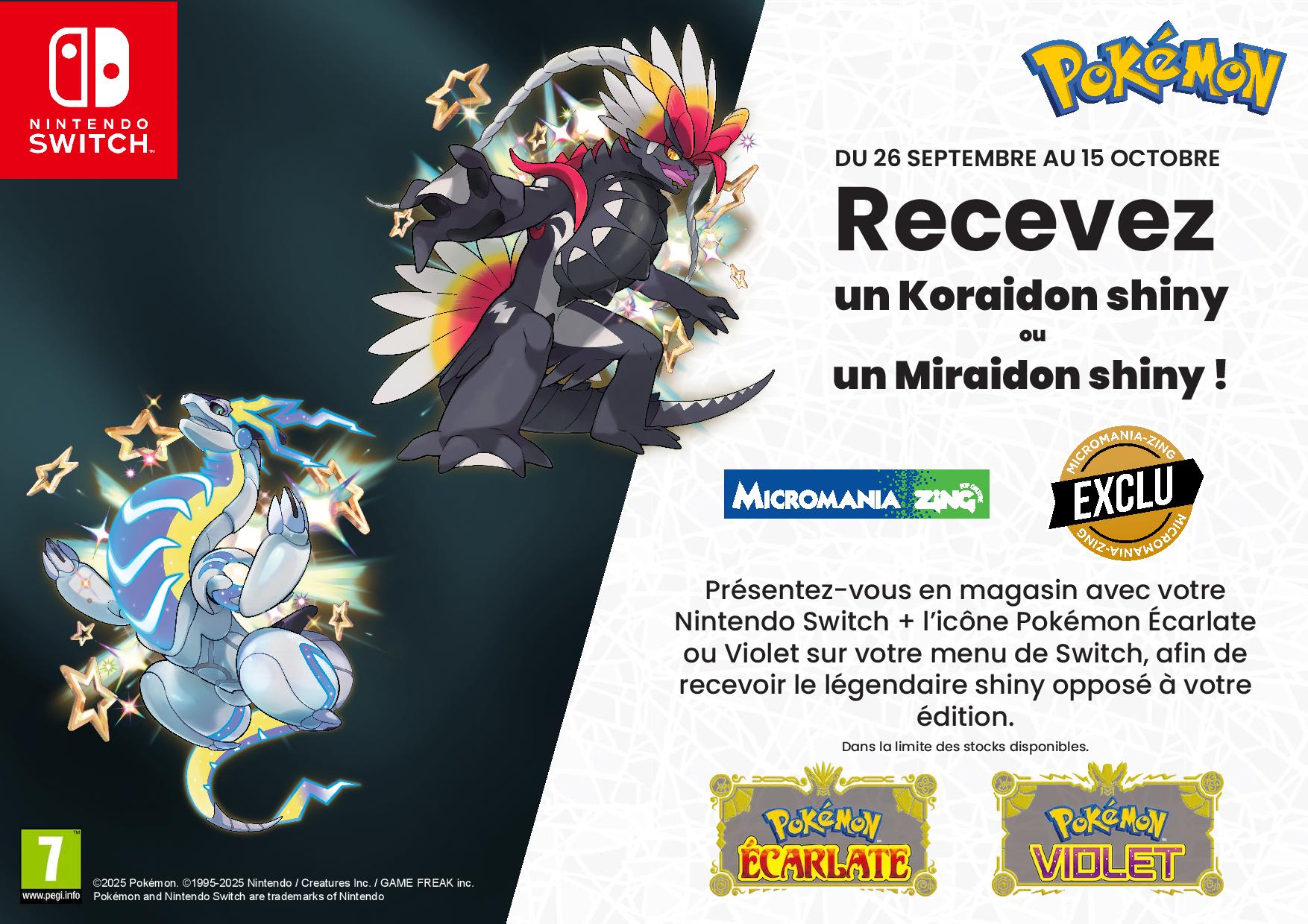 Pokémon Écarlate et Violet: shiny Koraidon/Miraidon en boutique, codes limités