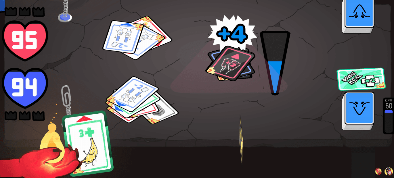 GIF animé de Cardburners montrant une courte séquence de gameplay avec cartes jouées, scores rouge et bleu, effets visuels et main démoniaque en action.