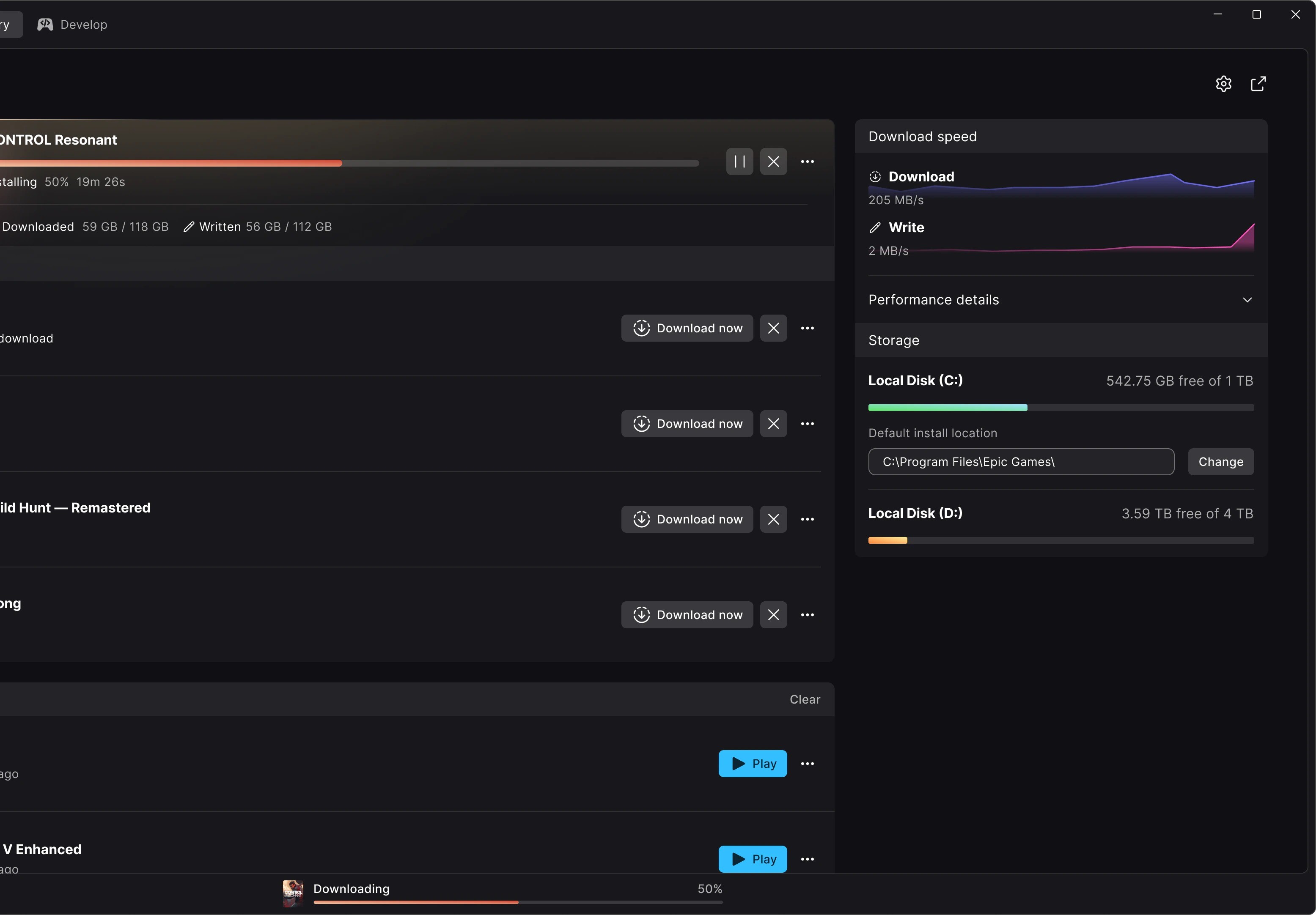 Montage de quatre captures de la nouvelle interface de l’Epic Games Store sur PC : gestion des téléchargements, fiche du jeu End of Abyss, collections personnalisées et bibliothèque affichant de nombreuses jaquettes de jeux, avec un panneau social listant les amis en ligne.