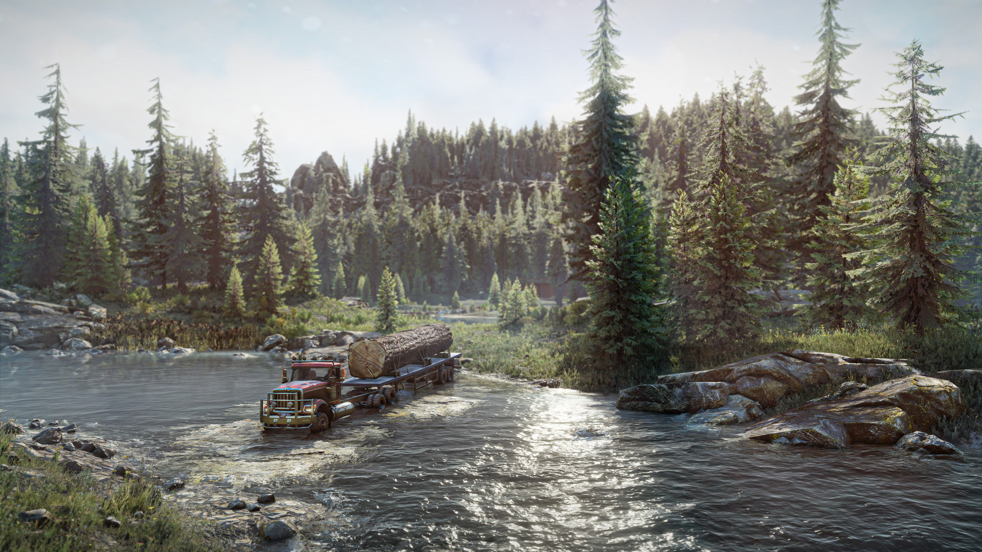 Capture d’écran de SnowRunner montrant un camion transportant un énorme tronc d’arbre sur une remorque, traversant une rivière peu profonde. Le décor naturel, entouré de conifères, de rochers et d’eau brillante, met en avant l’exploration tout-terrain dans une grande forêt lumineuse.