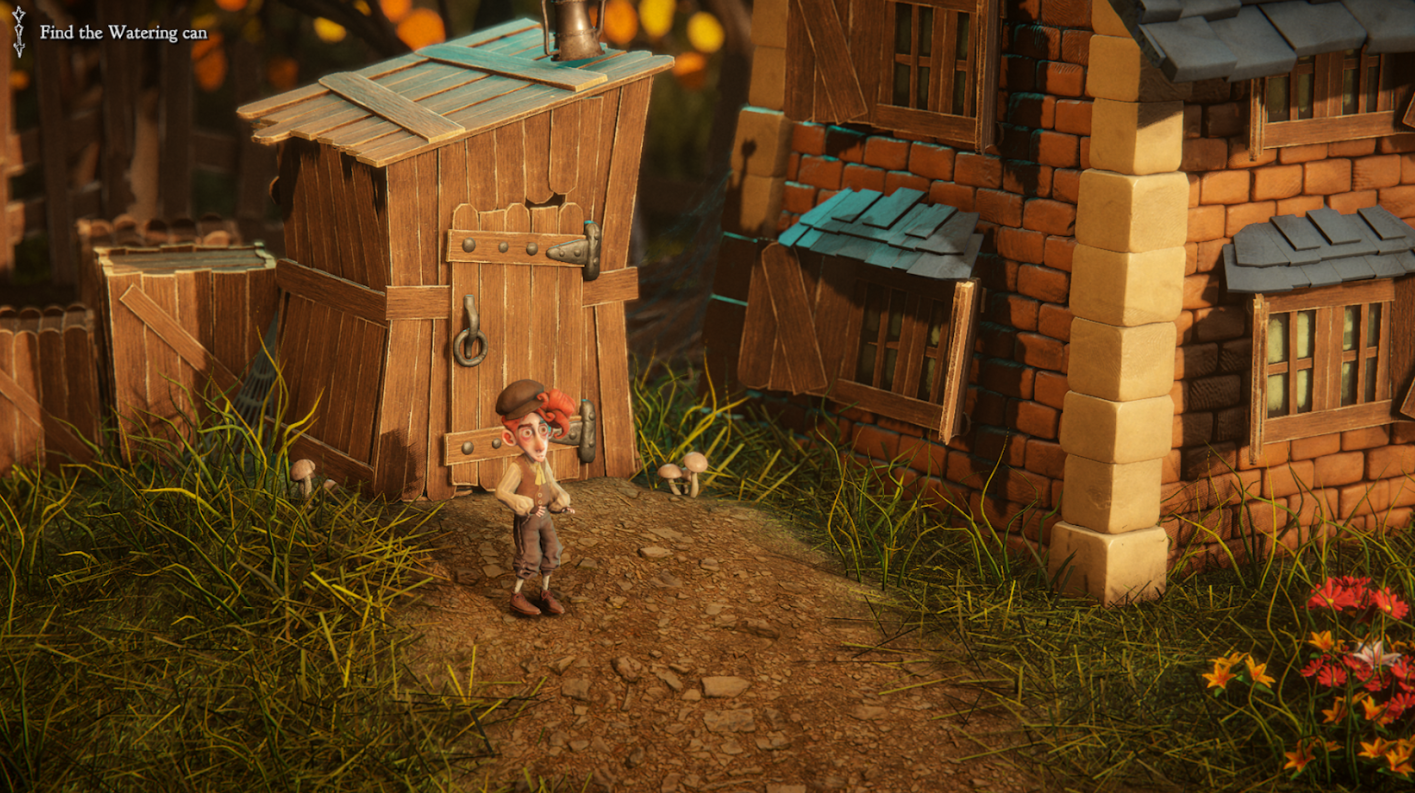 Capture de gameplay d’un jeu d’aventure stylisé montrant Maddox devant une cabane en bois et une maison en briques, dans un décor miniature rempli d’herbe et de champignons. L’objectif affiché indique « Find the Watering can ».