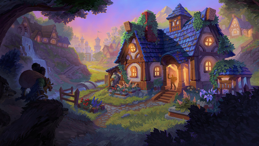 Illustration d’un village médiéval-fantastique aux couleurs chaleureuses et féériques. Au premier plan, une maison pittoresque à colombages avec un toit de tuiles bleutées recouvert de lierre est illuminée par une lumière dorée provenant de son intérieur, où l’on distingue une silhouette accueillante dans l’encadrement de la porte. Autour de la maison, un jardin fleuri déborde de couleurs avec des plantes et parterres soigneusement entretenus. À l’arrière-plan, le village s’étend le long d’une rivière alimentée par une cascade, avec plusieurs maisons semblables et, plus loin, un château fortifié dressé au centre de la vallée, ses tours pointues visibles au coucher du soleil. L’ambiance est douce et idyllique, baignée par une lumière crépusculaire rosée et orangée qui accentue le charme féerique de la scène. Sur la gauche, dans l’ombre des arbres, deux silhouettes mystérieuses semblent observer discrètement la maison, ajoutant une touche de tension et de mystère à ce décor de conte.