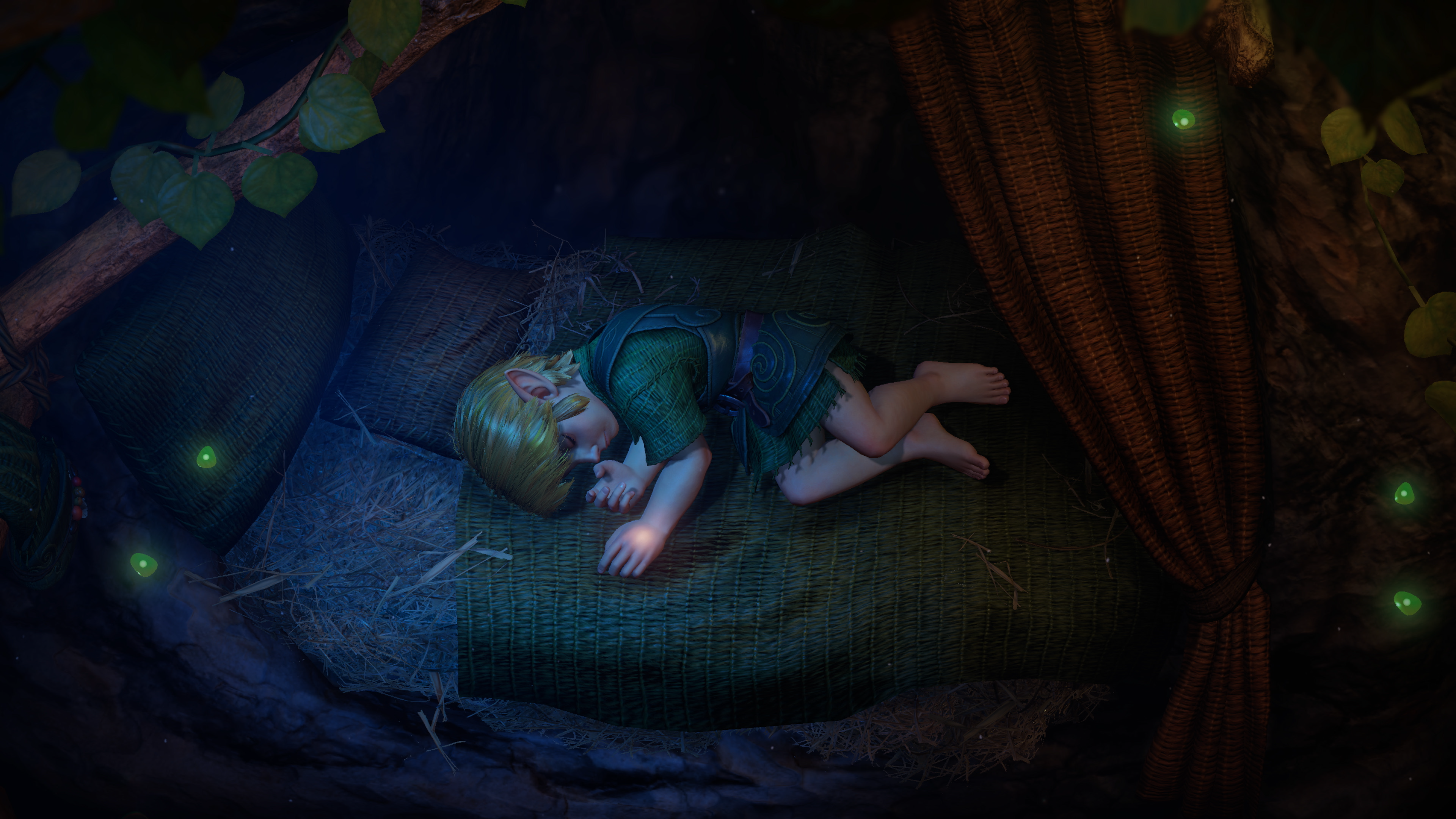 Jeune Link endormi sur un lit de paille dans une cabane sombre et végétale, éclairée par une lumière bleutée. De petites lucioles vertes brillent autour de lui, renforçant l’ambiance féerique et mystérieuse inspirée de The Legend of Zelda: Ocarina of Time.