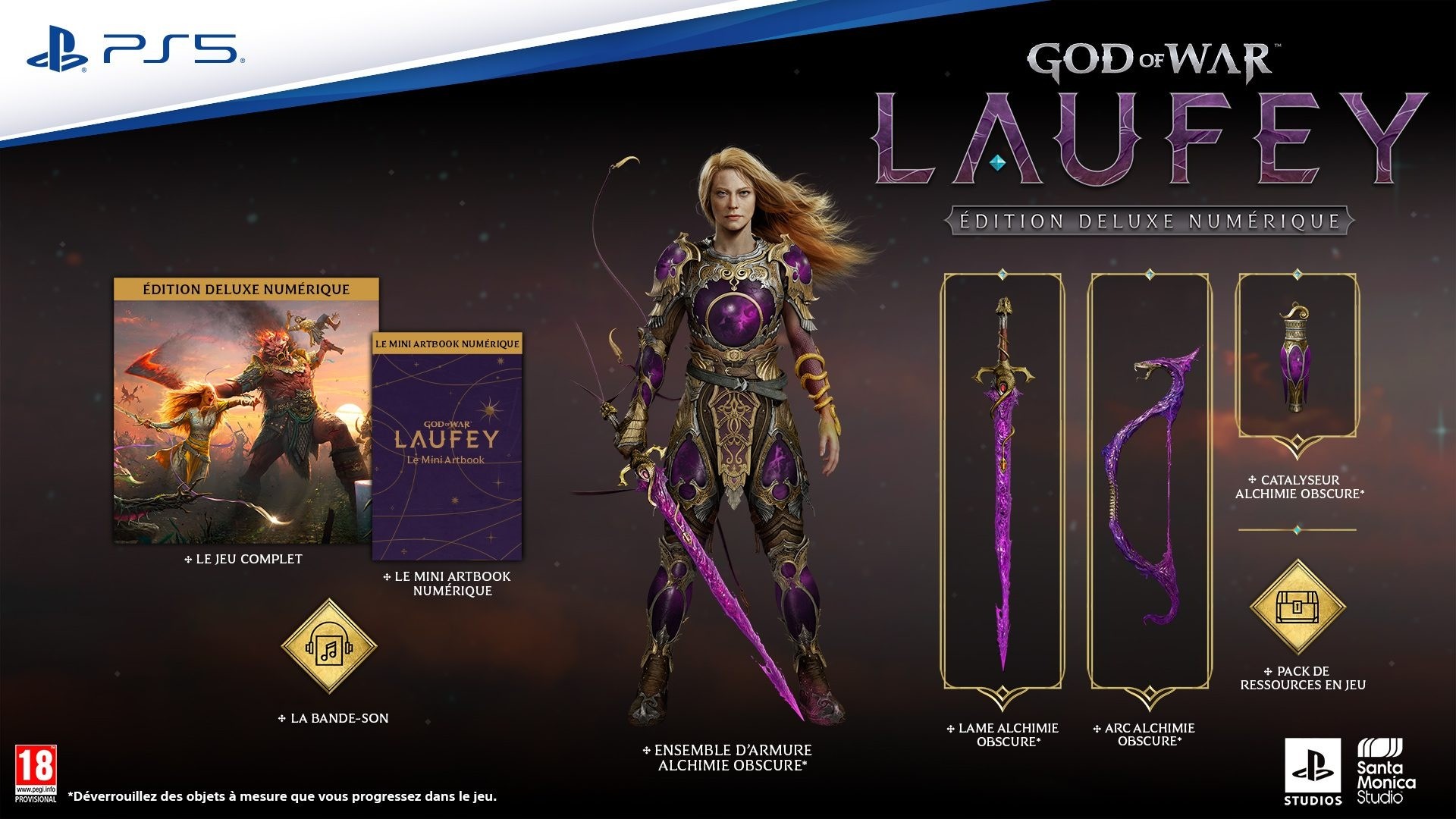 Visuel promotionnel PS5 de God of War: Laufey – Édition Deluxe numérique, présentant Laufey en armure violette ainsi que les bonus inclus : jeu complet, mini artbook, bande-son, ensemble d’armure, lame et arc Alchimie obscure, catalyseur et pack de ressources en jeu.