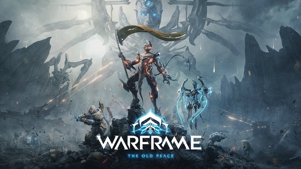 L'image représente une scène épique du jeu vidéo Warframe dans l'extension intitulée The Old Peace. Au centre de l'image, un personnage en armure brillante, ressemblant à un guerrier futuriste, se dresse sur un terrain dévasté. Il brandit une bannière dorée, symbolisant un signe de leadership ou de victoire. Autour de lui, plusieurs alliés en armures de combat avancées sont en position de bataille. À gauche, un personnage avec une arme est prêt à affronter les ennemis, tandis qu'à droite, une silhouette féminine avec une aura céleste porte une armure élégante et semble invoquer des pouvoirs mystérieux. En arrière-plan, une immense structure futuriste, semblable à une machine extraterrestre, domine le paysage apocalyptique, avec des débris et des explosions lumineuses éclairant le ciel sombre. Le logo Warframe est affiché en bas, avec l'ajout de l'extension The Old Peace en dessous du titre. L'atmosphère est sombre et menaçante, illustrant un affrontement intense dans un univers de science-fiction.