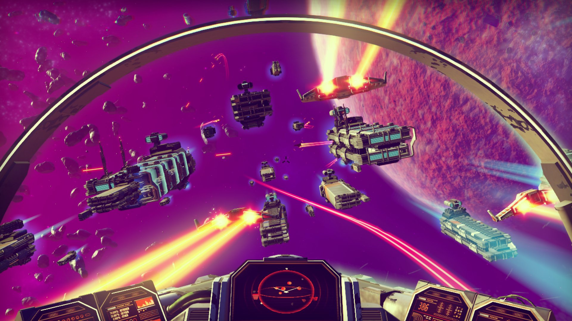 Capture d’écran colorée du jeu No Man’s Sky, en vue depuis le cockpit d’un vaisseau spatial engagé dans une bataille intergalactique. La scène montre une multitude de vaisseaux, de tailles et de formes variées, échangeant des tirs laser rouges, jaunes et bleus au milieu d’un champ d’astéroïdes. Certains vaisseaux de guerre massifs volent en formation, tandis que d'autres plus petits se livrent à des manœuvres rapides et agressives. L’univers est teinté de violet avec un ciel spatial vibrant, et une planète géante à la surface texturée et rosée domine l’arrière-plan droit. Des traînées lumineuses marquent les trajectoires des projectiles et des propulseurs, accentuant la vitesse et l’intensité du combat. L’interface du cockpit, visible en bas de l’image, affiche un radar central avec plusieurs indicateurs, soulignant l’aspect immersif de la simulation de vol. Cette image reflète parfaitement l’expérience d’exploration spatiale dynamique et générative de No Man’s Sky, avec ses affrontements à grande échelle, ses visuels stylisés et ses environnements cosmiques infinis.