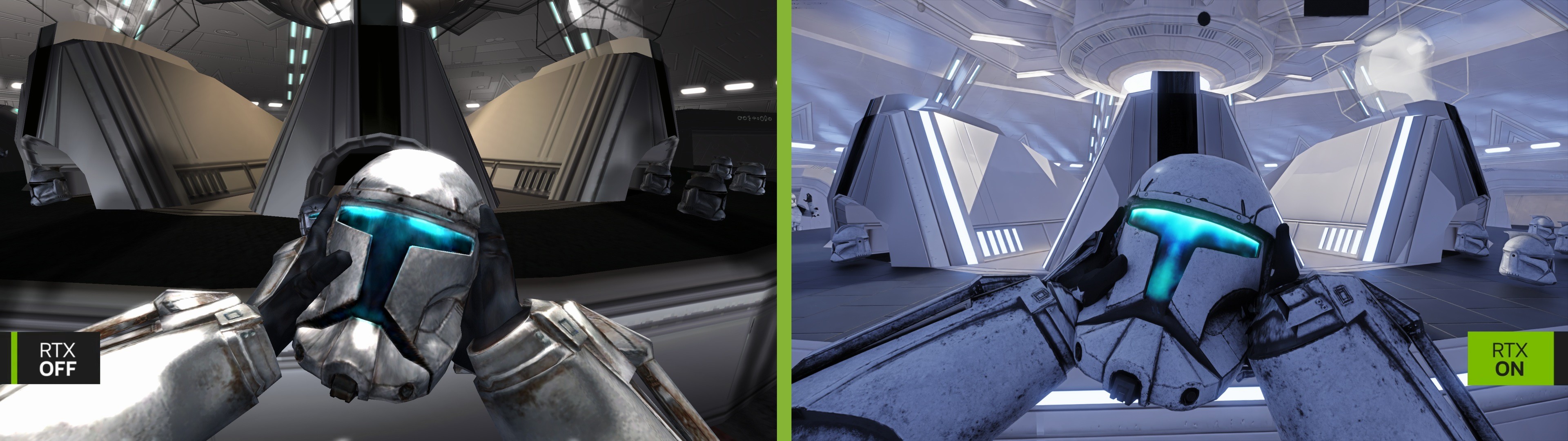 Comparaison visuelle en écran partagé illustrant les effets du ray tracing (RTX) activé et désactivé dans un jeu vidéo de science-fiction, probablement issu de l’univers Star Wars, mettant en scène un soldat clone en armure blanche et bleue, regardant directement vers le joueur. À gauche, avec l’étiquette « RTX OFF » en bas de l’image, le rendu est plus sombre, les textures sont ternes et les reflets sur le casque manquent de réalisme. L’éclairage ambiant est uniforme et plat, avec des ombres peu marquées et un manque de profondeur. À droite, avec l’étiquette « RTX ON », le même environnement bénéficie d’un éclairage dynamique, de réflexions améliorées sur le casque et d’une ambiance lumineuse nettement plus réaliste. Les surfaces métalliques et les murs du vaisseau spatial en arrière-plan affichent des détails accentués, des effets de lumière indirecte et des contrastes plus marqués, renforçant l’immersion. L’image illustre clairement les avantages visuels offerts par l’activation du ray tracing dans les jeux vidéo modernes, mettant en valeur les capacités graphiques des cartes NVIDIA RTX.