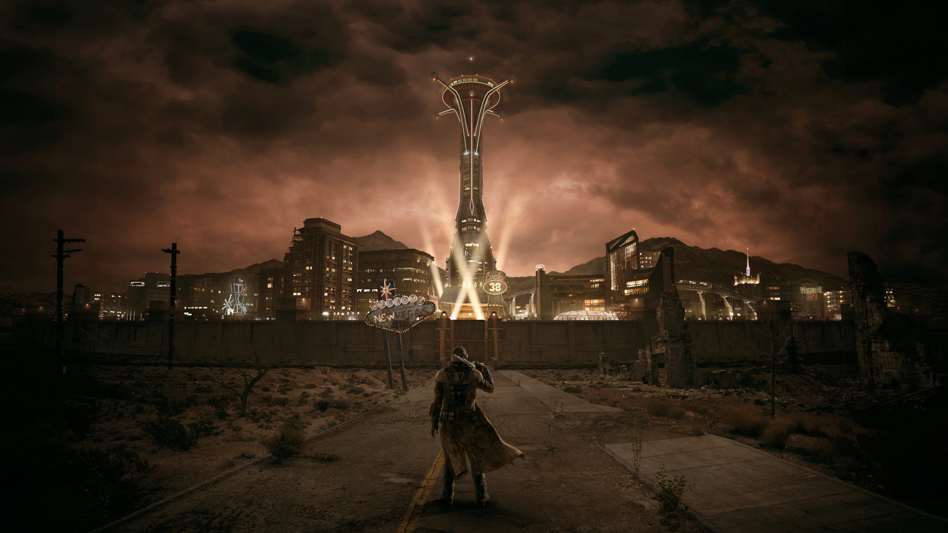 Capture de Fallout: New Vegas montrant un personnage solitaire vu de dos sur une route désertique, face aux lumières de New Vegas. La ville fortifiée est dominée par une immense tour éclairée, sous un ciel nocturne chargé de nuages.