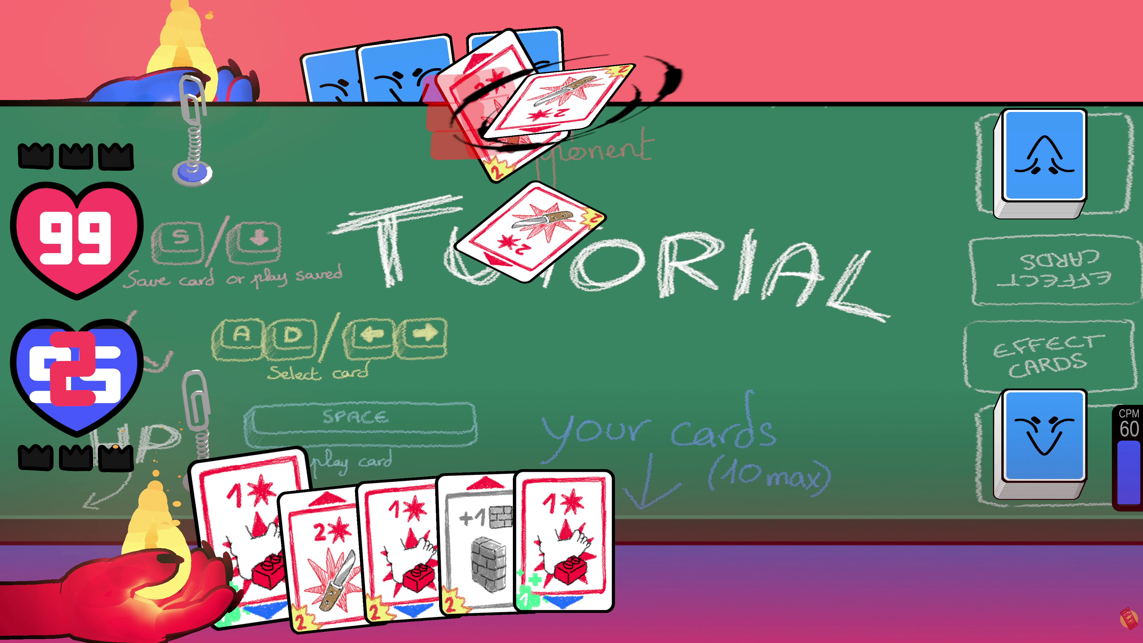Tutoriel de Cardburners affiché sur un tableau vert, avec commandes de jeu, scores rouge et bleu, cartes en main et decks des joueurs. mise en avant du jeu Basic.