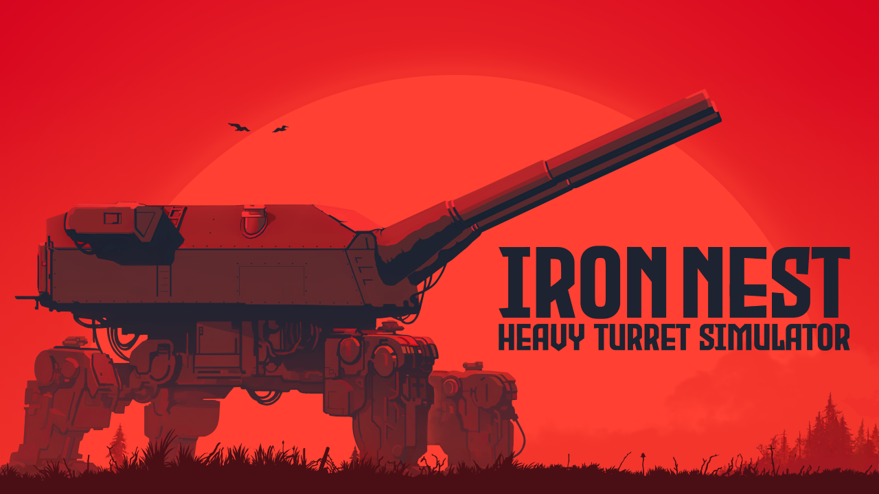 Visuel promotionnel d’Iron Nest: Heavy Turret Simulator montrant une imposante tourelle blindée sur pattes mécaniques, équipée de deux longs canons, devant un soleil stylisé. L’ensemble utilise une palette rouge et noire.