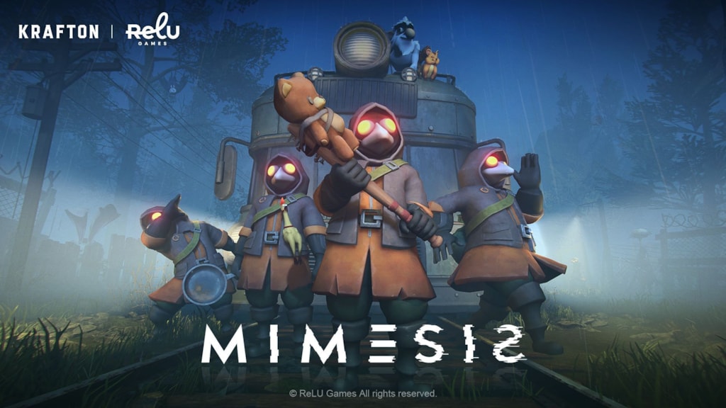 Visuel promotionnel de MIMESIS avec les logos KRAFTON et ReLU Games en haut à gauche. Quatre personnages masqués aux yeux rouges lumineux se tiennent devant une locomotive dans une forêt brumeuse, l’un brandissant une peluche en forme d’ours. Des animaux sont perchés sur le train et le titre « MIMESIS » apparaît en grand en bas de l’image.