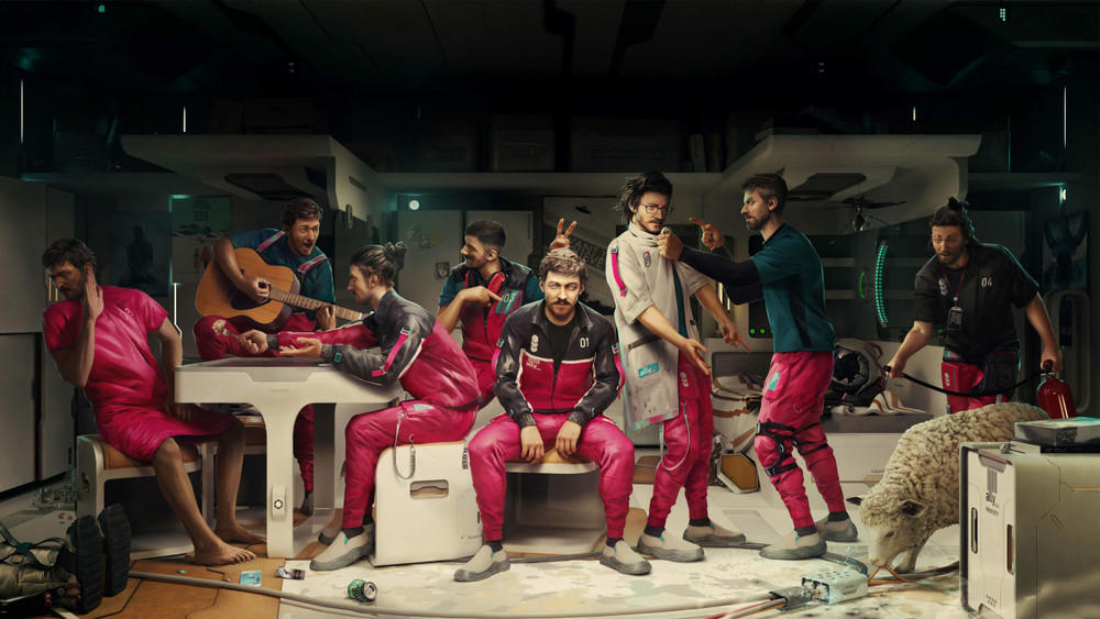 Image inspirée de l’univers du jeu vidéo Starfield de Bethesda, représentant un équipage spatial dans une scène humoristique et vivante à bord d’un vaisseau futuriste. Huit hommes identiques, représentant visiblement la même personne clonée ou multipliée numériquement, sont en train d’interagir dans une pièce à l’éclairage tamisé, à l’esthétique rétro-futuriste. Ils portent une combinaison de vol bicolore noire et rouge, avec des marquages numérotés (01 à 04), évoquant un environnement de science-fiction. Au centre, un personnage assis adopte une pose sérieuse tandis que les autres autour de lui expriment diverses attitudes ludiques : l’un joue de la guitare, un autre donne une tape sur l’épaule d’un camarade, deux autres s’amusent à faire des gestes moqueurs derrière la tête d’un collègue concentré. Sur la droite, un membre de l’équipage tient un extincteur, tandis qu’un mouton – élément incongru dans ce décor technologique – broute calmement près d’un équipement marqué du logo "BAYU". Le sol est en désordre, jonché de canettes et d’objets divers, renforçant l’ambiance décontractée et parodique de cette scène de vie à bord d’un vaisseau spatial. L’image mélange humour et science-fiction avec des références subtiles à la culture du jeu vidéo, notamment à travers la diversité des comportements des personnages et l’atmosphère immersive rappelant les espaces de vie dans les RPG spatiaux comme Starfield ou Mass Effect.