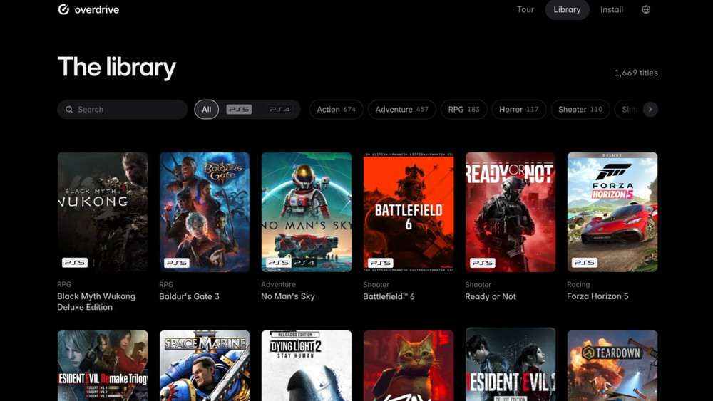 Capture de l’interface Overdrive affichant une bibliothèque de 1 669 jeux avec filtres par plateforme et genre. Plusieurs titres sont visibles, dont Black Myth: Wukong, Baldur’s Gate 3, No Man’s Sky, Battlefield 6, Ready or Not et Forza Horizon 5.