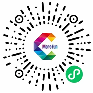Code QR de mini-programme WeChat affichant le logo multicolore « MoreFun » au centre, entouré d’un motif circulaire noir caractéristique des codes WeChat. L’icône verte de WeChat Mini Program apparaît en bas à droite sur fond blanc.