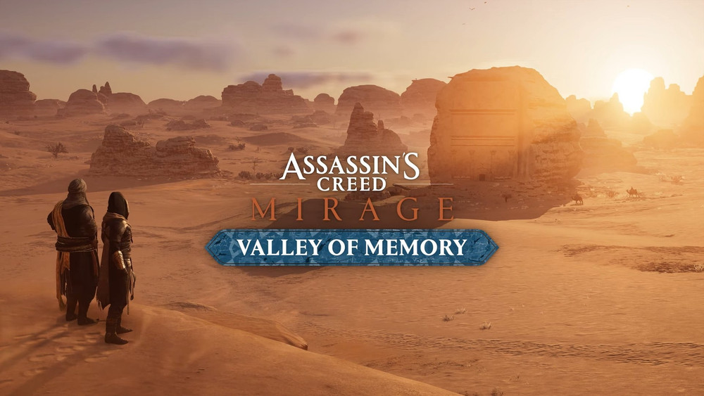 Illustration promotionnelle du jeu vidéo Assassin’s Creed Mirage, mettant en avant un nouveau contenu intitulé Valley of Memory. L’image montre un vaste paysage désertique baigné par une lumière dorée de fin de journée, avec le soleil rasant à l’horizon. Deux personnages vêtus de tenues d’assassins traditionnelles, dont des capuches et des robes inspirées du Moyen-Orient, se tiennent en hauteur, contemplant une vallée aride parsemée de formations rocheuses monumentales et de ruines anciennes sculptées dans la pierre. L’un des monuments ressemble fortement à une façade nabatéenne, évoquant les tombes de Petra ou d'Al-‘Ula, renforçant l’ambiance archéologique et historique propre à la franchise. En arrière-plan, de petites caravanes à dos de chameau traversent discrètement le paysage, ajoutant une touche de vie à cette étendue désertique. Le logo du jeu « Assassin’s Creed Mirage » est centré à l’écran, accompagné en dessous du sous-titre « Valley of Memory » inscrit sur une plaque de style gravé bleu azur. L’ambiance visuelle est à la fois mystérieuse et contemplative, suggérant une extension ou une mise à jour narrative centrée sur l’exploration, la mémoire et les secrets enfouis dans le désert. L’image illustre parfaitement le mélange d’infiltration, d’histoire ancienne et d’exploration caractéristique de la série Assassin’s Creed.
