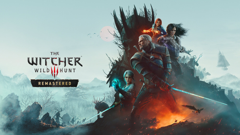 Visuel promotionnel de The Witcher 3: Wild Hunt Remastered avec Geralt de Riv au centre, épée en main, entouré de Ciri, Yennefer et Triss. En arrière-plan, un paysage fantastique brumeux mêle forteresse, montagnes et silhouettes menaçantes, tandis que le logo du jeu apparaît à gauche.