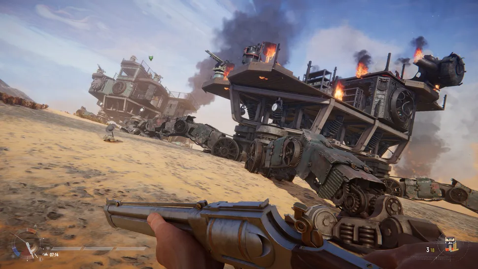 Capture de jeu en vue à la première personne dans un désert, où le joueur tient un fusil face à plusieurs imposants véhicules mécaniques. Le plus proche est endommagé et en flammes, avec d’épaisses colonnes de fumée noire s’élevant de sa structure.