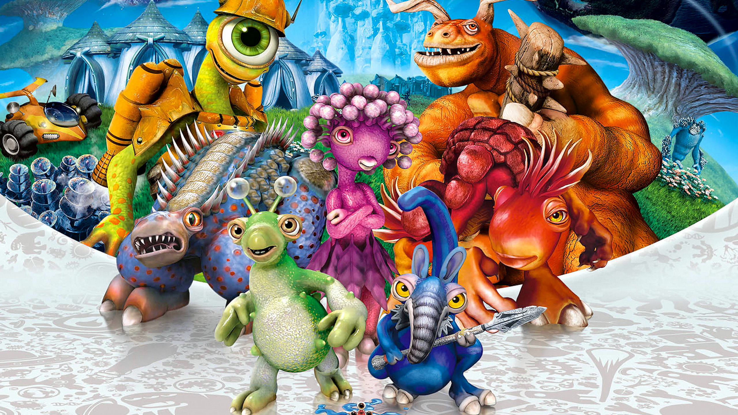 Visuel de MySims montrant un groupe de créatures fantastiques colorées aux formes variées, dont un cyclope, une créature rose, un petit personnage vert et un guerrier bleu armé d’une lance, réunis dans un décor lumineux et fantaisiste.