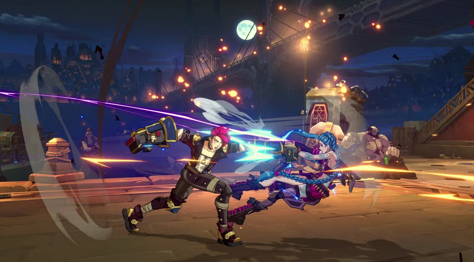 Capture de gameplay d’un jeu d’action en 2D montrant deux combattants s’affrontant sur un pont de nuit. Un homme aux cheveux roses attaque une femme aux longues tresses bleues, au milieu de tirs colorés et d’effets lumineux, avec une ville et une pleine lune en arrière-plan.
