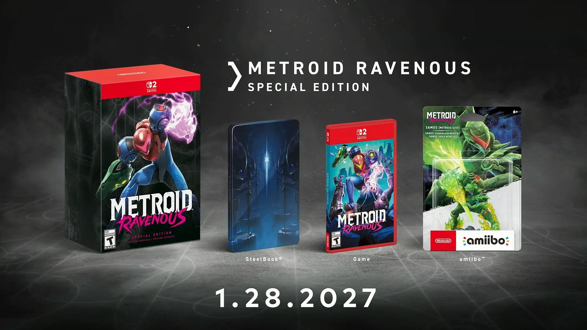 Visuel de l’édition spéciale de Metroid Ravenous sur Nintendo Switch 2, comprenant le coffret, un SteelBook, le jeu et un amiibo de Samus en armure verte. La date de sortie affichée est le 28 janvier 2027.