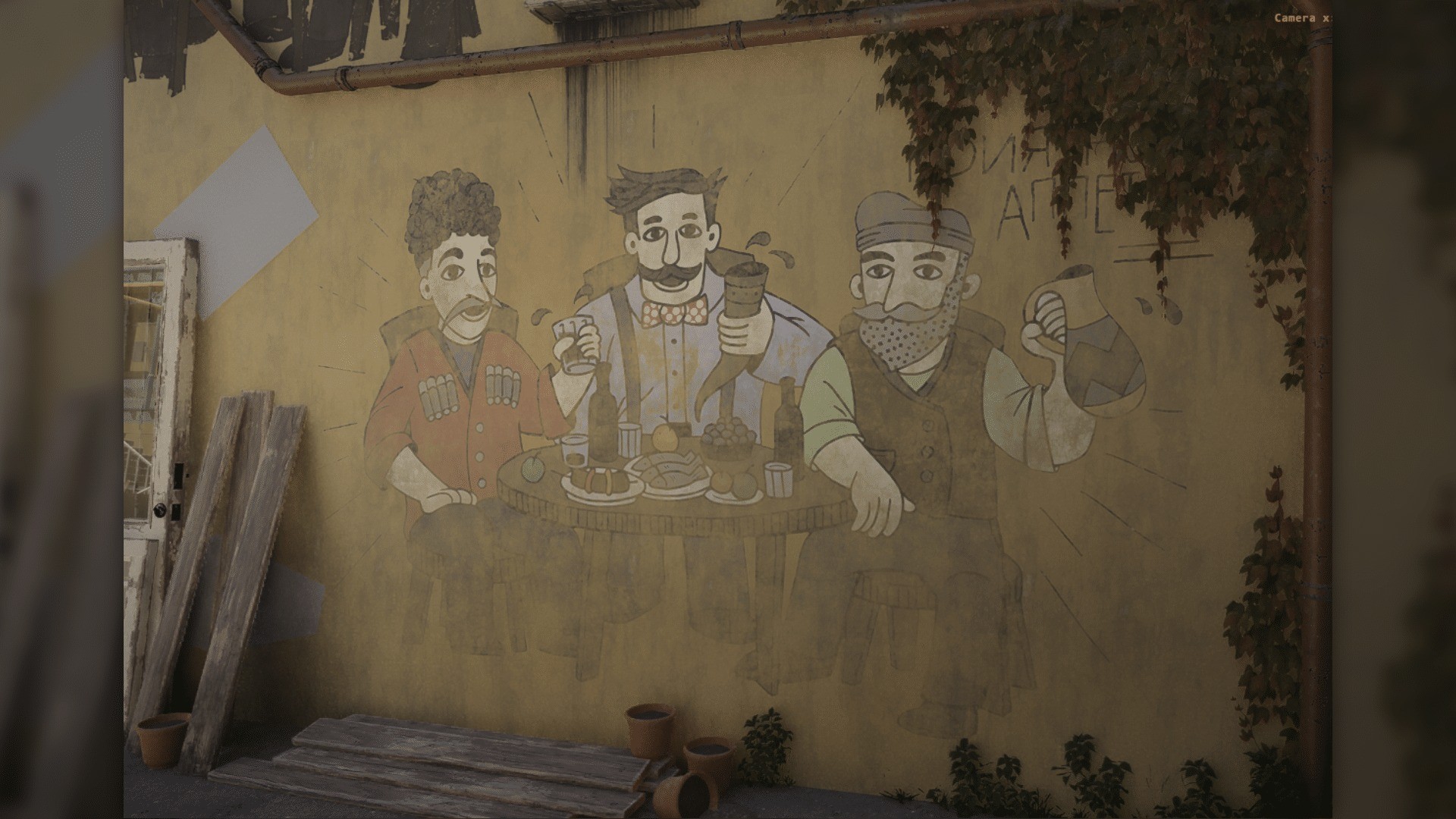 Montage de sept visuels liés à un jeu vidéo : note manuscrite en russe, documents et affiche politique en géorgien, deux boîtes remplies de mégots, fresque montrant trois hommes attablés, enseigne Georgian Traditional Cuisine et cour urbaine délabrée couverte de graffitis, avec escaliers et portes abandonnées.