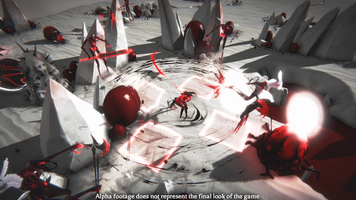 Capture de gameplay d’Ex Sanguis en version alpha, montrant une attaque circulaire au milieu d’un champ de bataille blanc, noir et rouge. Des personnages affrontent des créatures organiques près de rochers tranchants et de sphères rouges, avec des effets lumineux et des traces sombres soulignant l’impact.