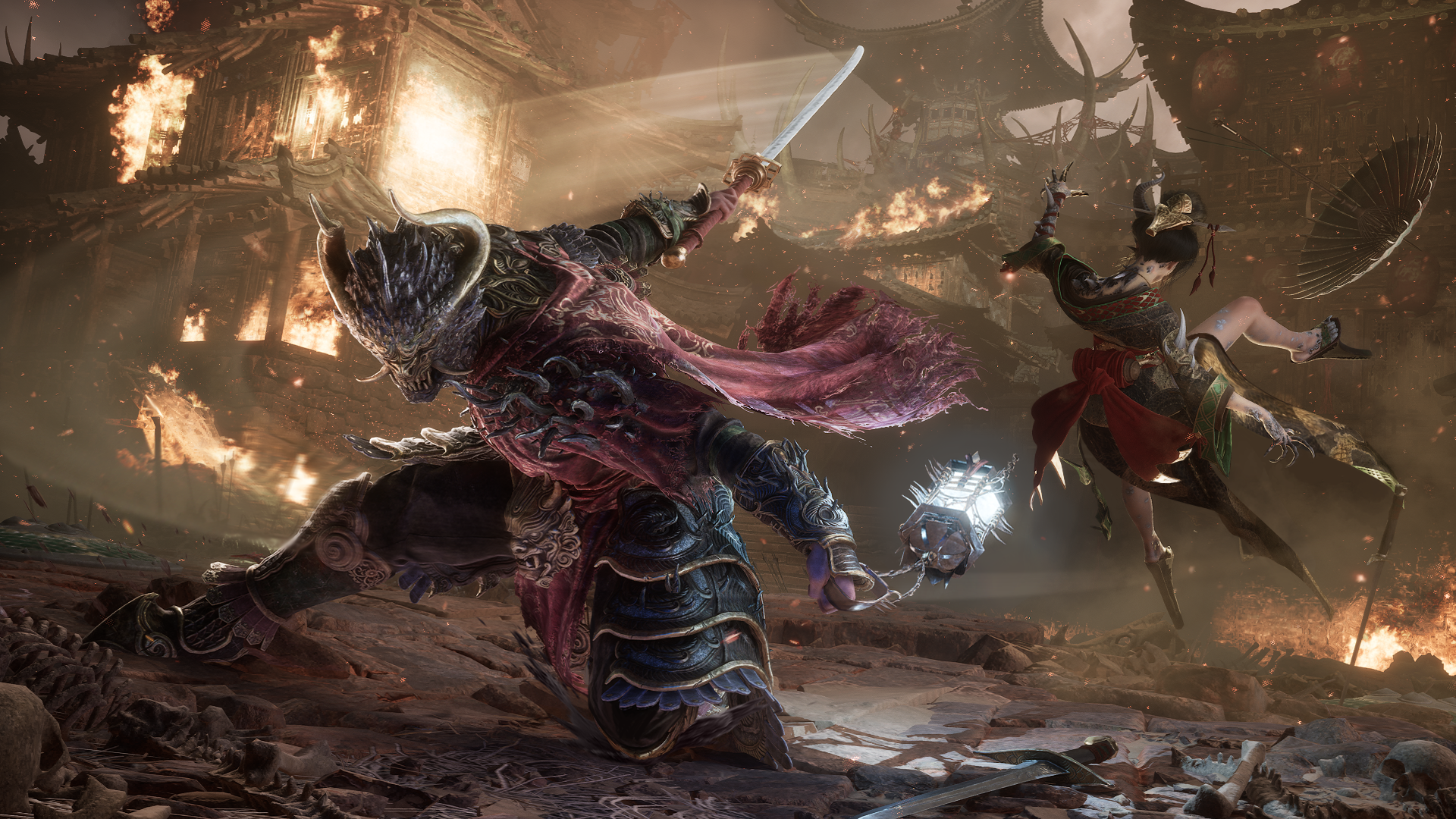 Capture d’écran de Lords of the Fallen 2 montrant un guerrier démoniaque en armure, cornes et cape rouge, bondissant avec une épée et un fléau lumineux. Une combattante ailée esquive sur la droite, au milieu d’une cité en ruines ravagée par les flammes et la fumée, dans une scène d’action sombre et spectaculaire.