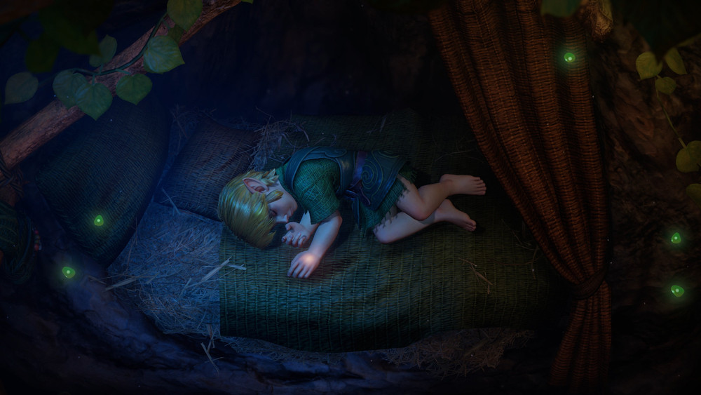 Capture de gameplay fantasy montrant un petit personnage elfe endormi sur un lit de paille dans une cachette sombre creusée dans un arbre. Des coussins, un rideau tressé, des feuilles et de petites lueurs vertes entourent la scène, créant une ambiance douce et féerique.
