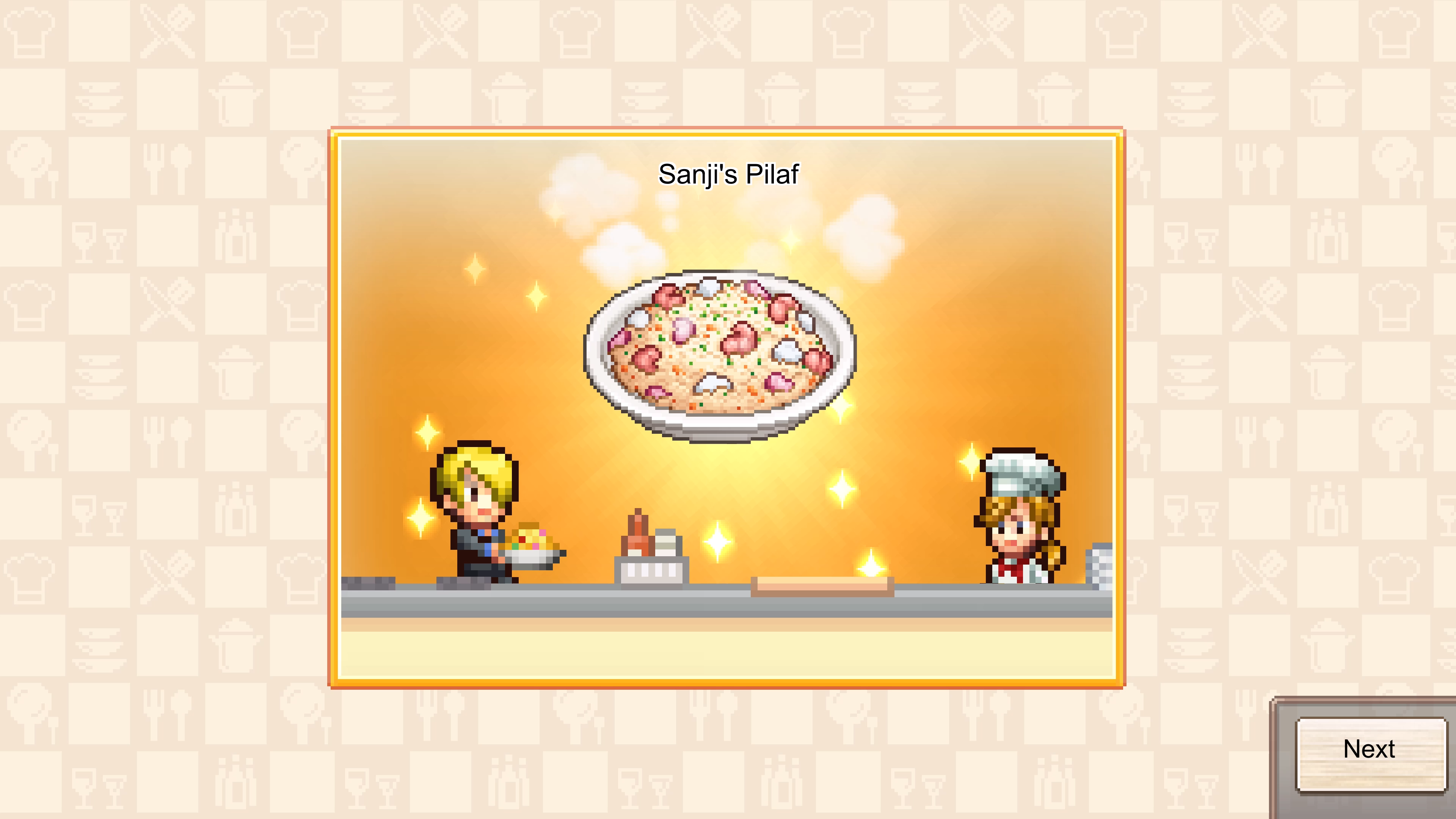Capture d’écran de One Piece Grand Gourmet montrant une scène en pixel art consacrée à un plat nommé « Sanji’s Pilaf ». Au centre, un grand plat de riz apparaît sur fond doré avec des étincelles, tandis que Sanji et une cuisinière se tiennent derrière un comptoir de restaurant, avec un bouton « Next » en bas à droite.