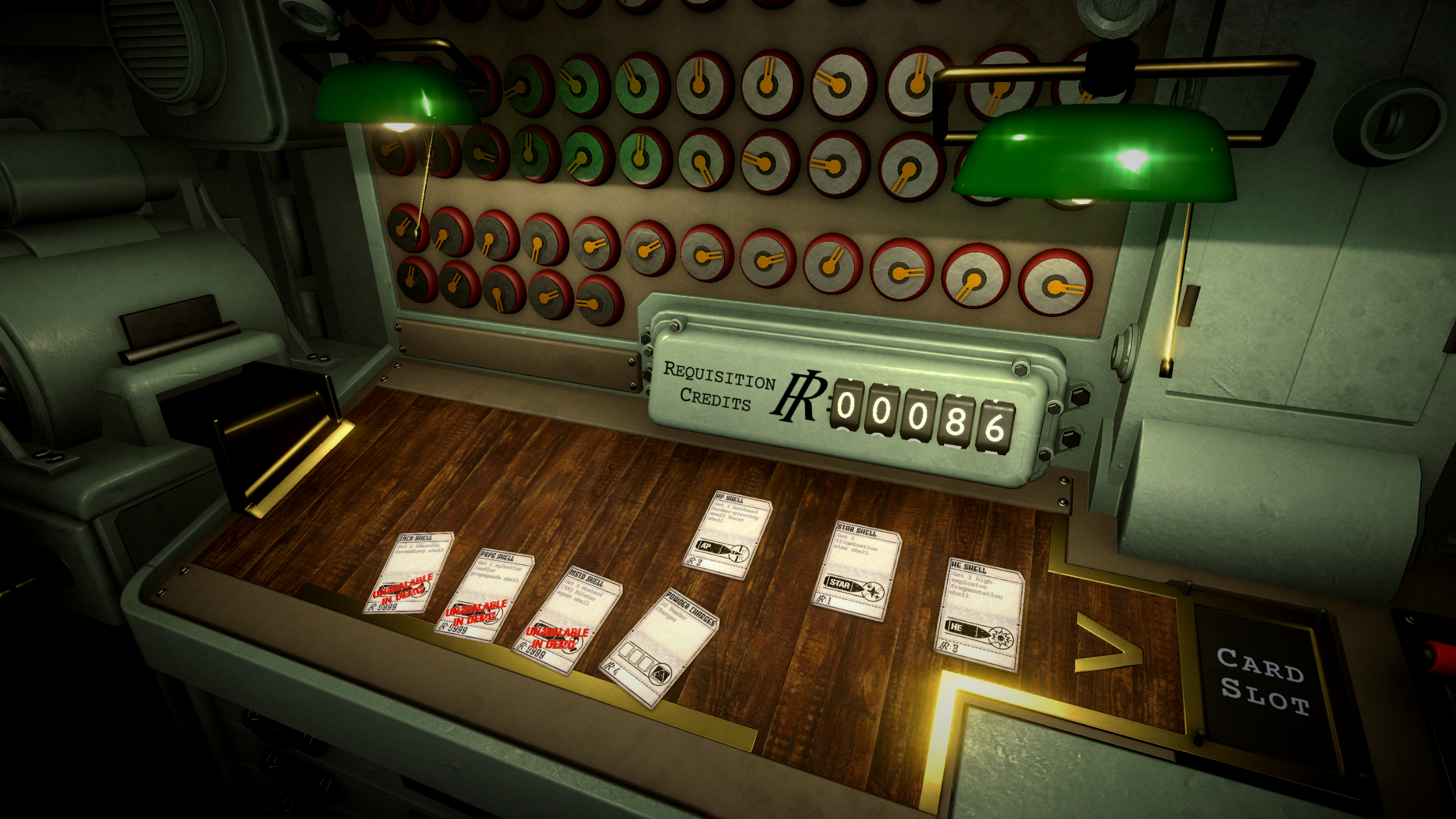 Capture de jeu montrant une interface de réquisition rétrofuturiste : un comptoir en bois présente plusieurs cartes d’équipement et de munitions, certaines marquées indisponibles. Un compteur affiche 86 crédits de réquisition, avec une fente pour carte à droite.