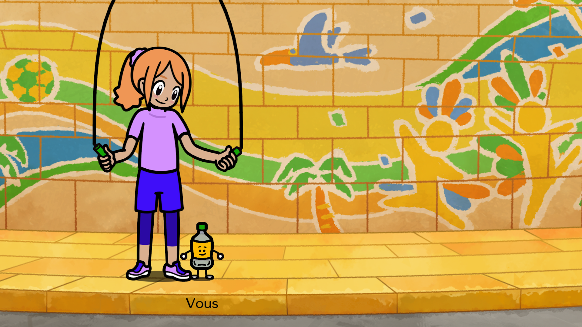 Capture de gameplay d’un jeu au style cartoon montrant le joueur, identifié par le texte « Vous », sautant à la corde dans une station de métro devant une fresque murale colorée représentant une plage. À ses pieds se tient une petite bouteille anthropomorphe souriante, tandis que la scène met en avant une activité rythmique dans un décor urbain lumineux.