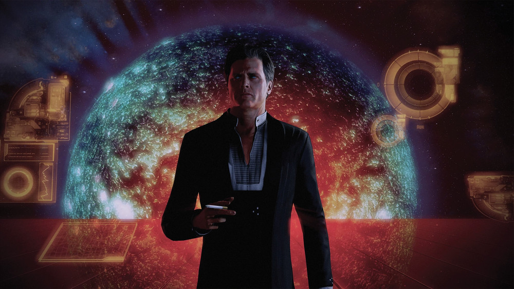 Homme en tenue noire tenant une cigarette devant un immense astre rougeoyant, entouré d’interfaces holographiques futuristes dans un décor spatial de science-fiction.