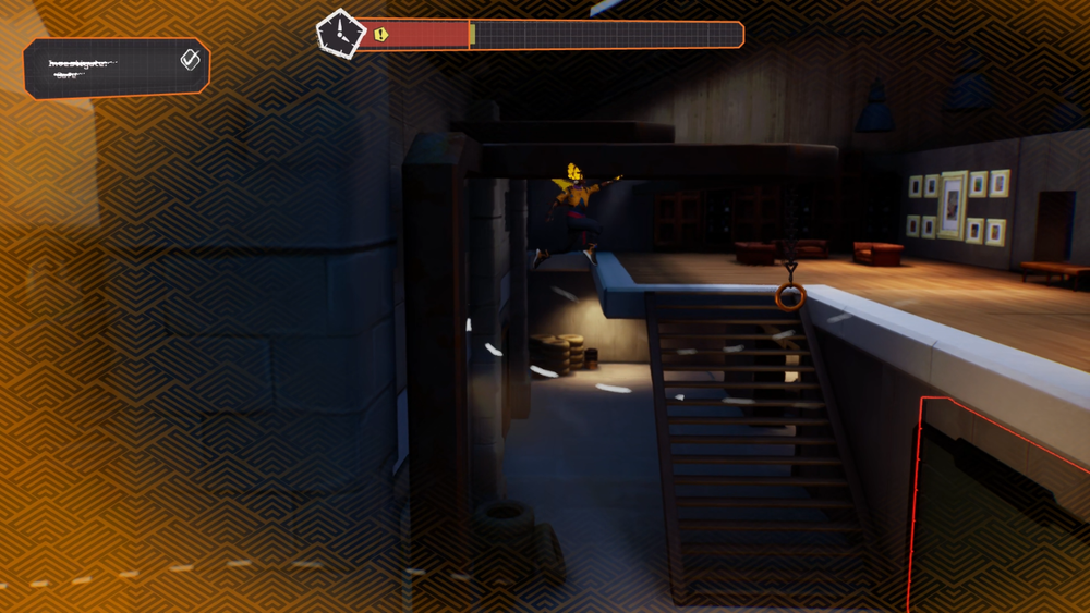 Capture de gameplay de Relooted dans un musée : un personnage bondit entre deux niveaux d’une galerie moderne, près d’un escalier et d’un point d’accroche. L’interface affiche une jauge en haut de l’écran, tandis qu’un motif orange encadre la vue.