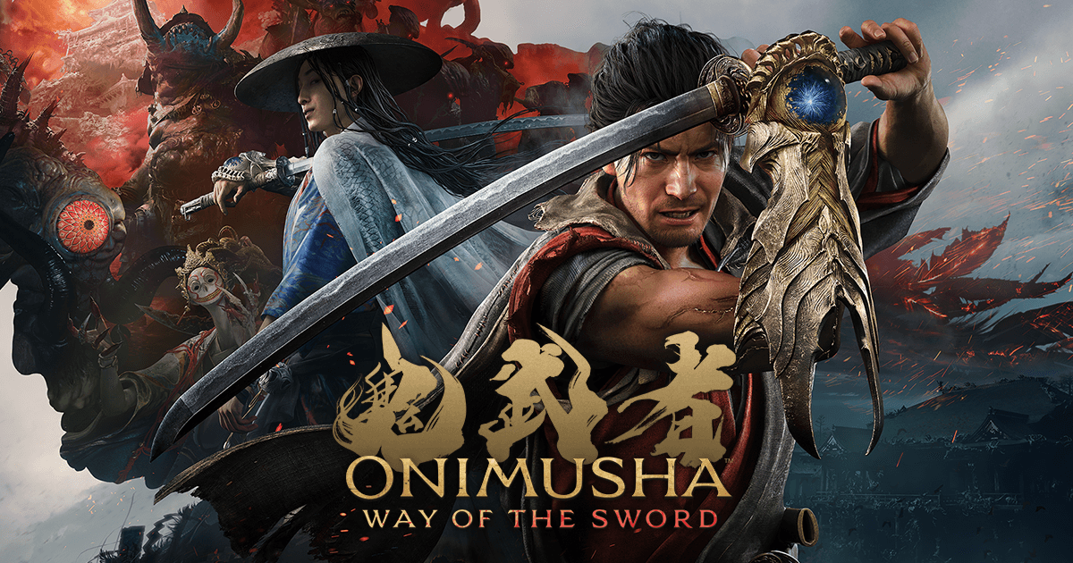 Visuel promotionnel d’Onimusha: Way of the Sword montrant un samouraï brandissant son katana au premier plan, une guerrière en kimono derrière lui et plusieurs créatures démoniaques dans un décor rougeoyant. Le logo du jeu apparaît en bas.