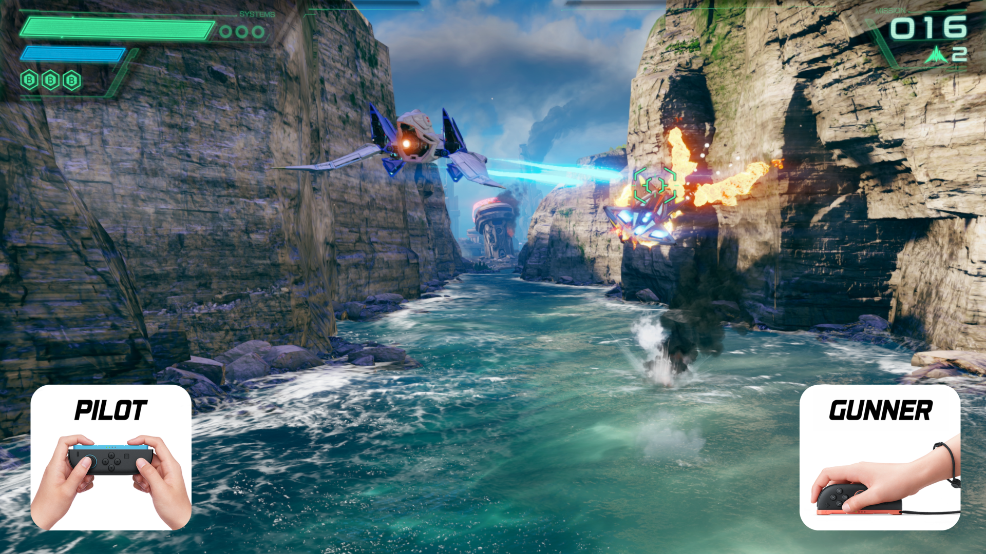 Capture de jeu montrant un combat aérien de Star Fox dans un canyon côtier. Un Arwing poursuit un appareil ennemi en flammes touché par un tir laser bleu, avec un réticule de verrouillage affiché à l’écran. L’interface indique la mission 016 et des jauges de systèmes, tandis que deux encarts illustrent une coopération locale avec les rôles « Pilot » et « Gunner », chacun utilisant un Joy-Con.