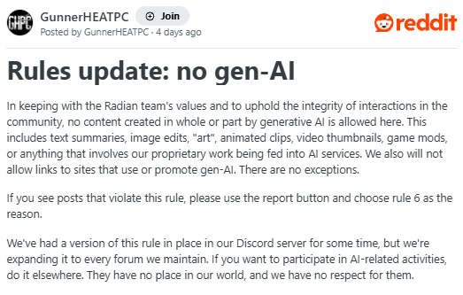 Capture d’un post Reddit de GunnerHEATPC intitulé « Rules update: no gen-AI », annonçant l’interdiction de tout contenu créé en tout ou partie avec une IA générative dans la communauté, y compris textes, images, vidéos, mods et liens vers des services liés à l’IA.