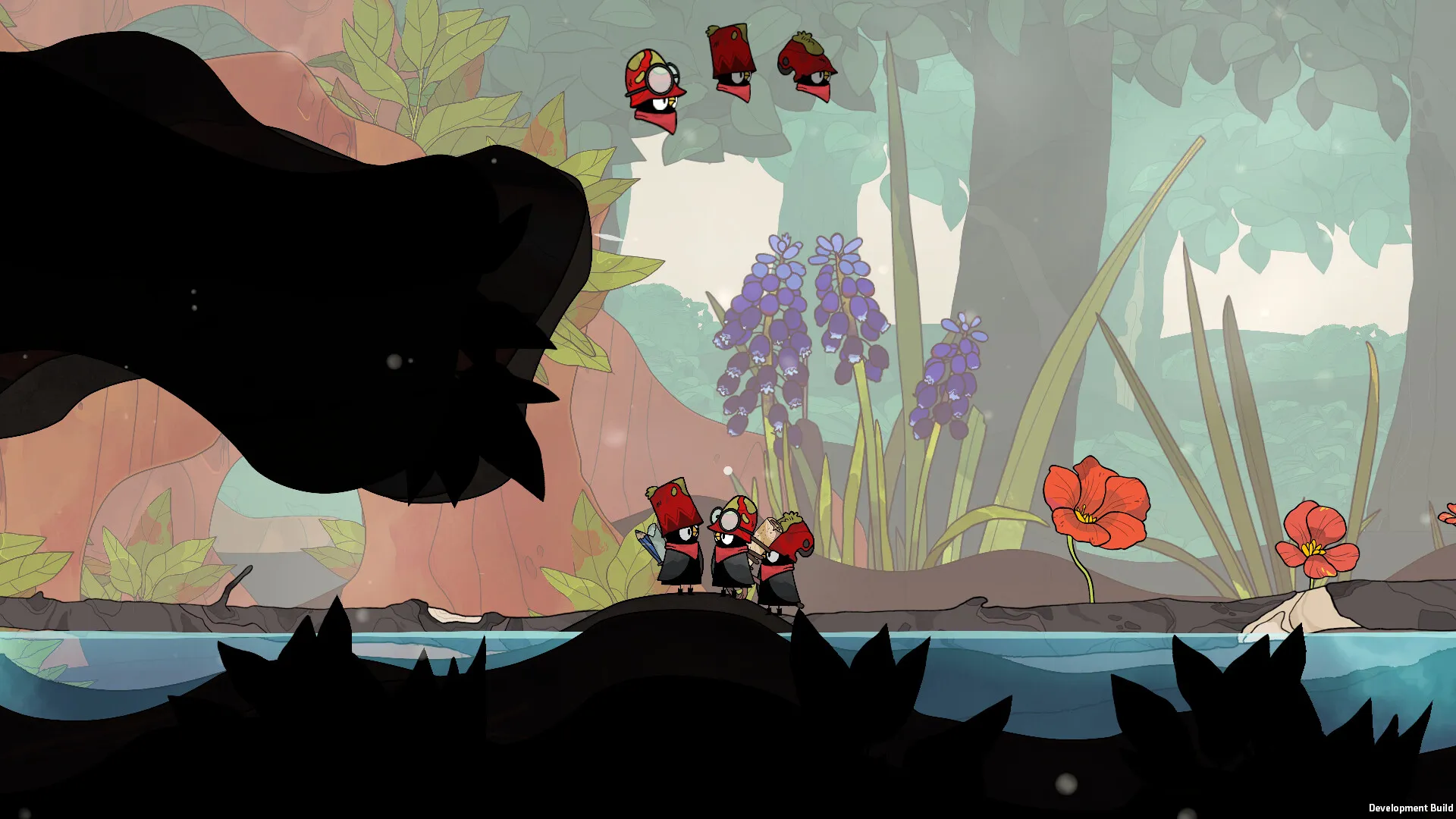 Capture d’un jeu vidéo au style dessiné montrant trois petits oiseaux en tenue rouge et noire regroupés au bord d’un cours d’eau, dans une forêt aux plantes et fleurs géantes, tandis qu’une imposante silhouette noire domine le premier plan.