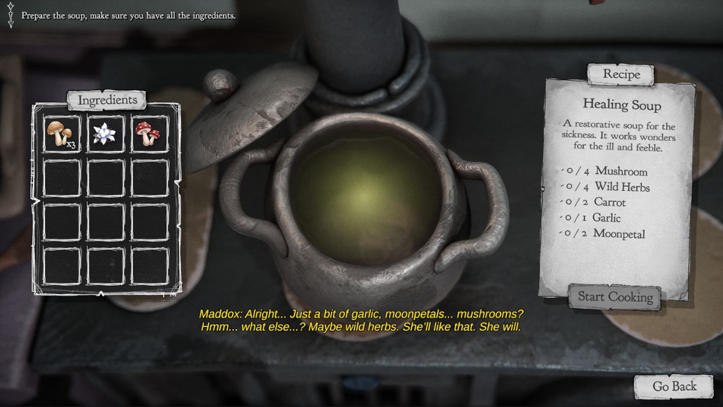 Capture de gameplay d’un mini-jeu de cuisine dans une interface dessinée à la main. Une marmite de soupe verte est au centre, avec un inventaire d’ingrédients à gauche et la recette « Healing Soup » à droite, listant champignons, herbes sauvages, carotte, ail et pétale de lune. Les sous-titres de Maddox évoquent les ingrédients à préparer.