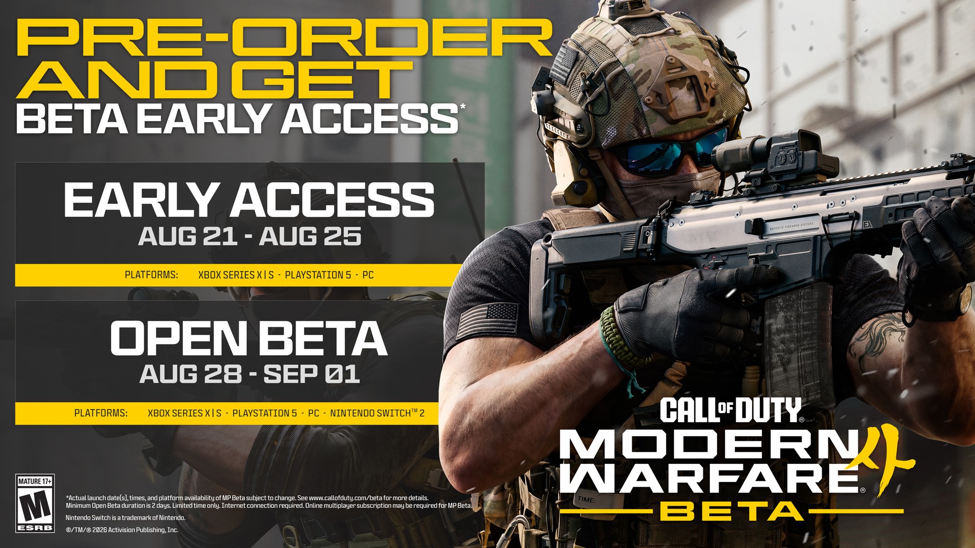 Visuel promotionnel de Call of Duty: Modern Warfare II Beta annonçant les périodes d’accès à la bêta. Le texte indique : « Précommandez et obtenez un accès anticipé à la bêta ». Accès anticipé du 21 au 25 août sur Xbox Series X|S, PlayStation 5 et PC, puis bêta ouverte du 28 août au 1er septembre sur Xbox Series X|S, PlayStation 5, PC et Nintendo Switch 2. À droite, un soldat en équipement tactique vise avec un fusil d’assaut.