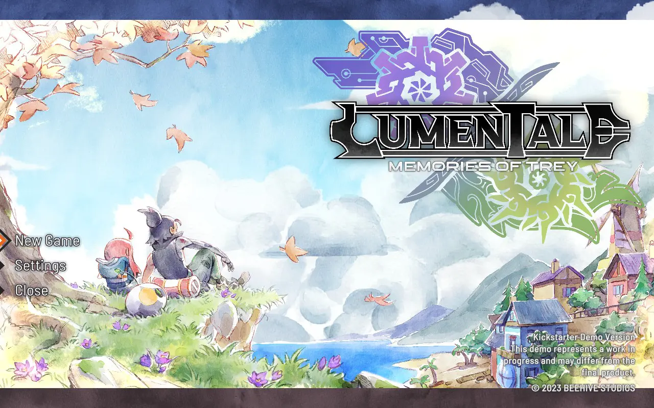 Écran titre du jeu vidéo indépendant LumenTale: Memories of Trey, dans sa version démo disponible sur Kickstarter. Le visuel adopte un style artistique en aquarelle très doux et coloré, avec une ambiance onirique. À gauche de l’image, trois personnages sont assis sur une colline verdoyante parsemée de petites fleurs violettes. Un humain, une créature humanoïde rose et une sphère métallique sont adossés à un arbre, regardant vers un ciel bleu lumineux avec des nuages cotonneux et des feuilles d’automne portées par le vent. À droite, on aperçoit un village côtier composé de maisons aux toits colorés surplombant une mer scintillante. Les montagnes en arrière-plan donnent une impression de grandeur et de liberté. Le logo du jeu, LumenTale: Memories of Trey, est centré en haut à droite, avec une typographie stylisée accompagnée de motifs géométriques rappelant des symboles élémentaires (glace et végétation). En bas à gauche, un menu propose trois options : New Game, Settings et Close, typiques d’un écran d’accueil. En bas à droite, un message précise qu’il s’agit d’une « Kickstarter Demo Version » et que le contenu peut différer du produit final. Ce jeu promet une aventure narrative immersive avec des éléments de RPG et une forte dimension émotionnelle, développée par Beehive Studios.