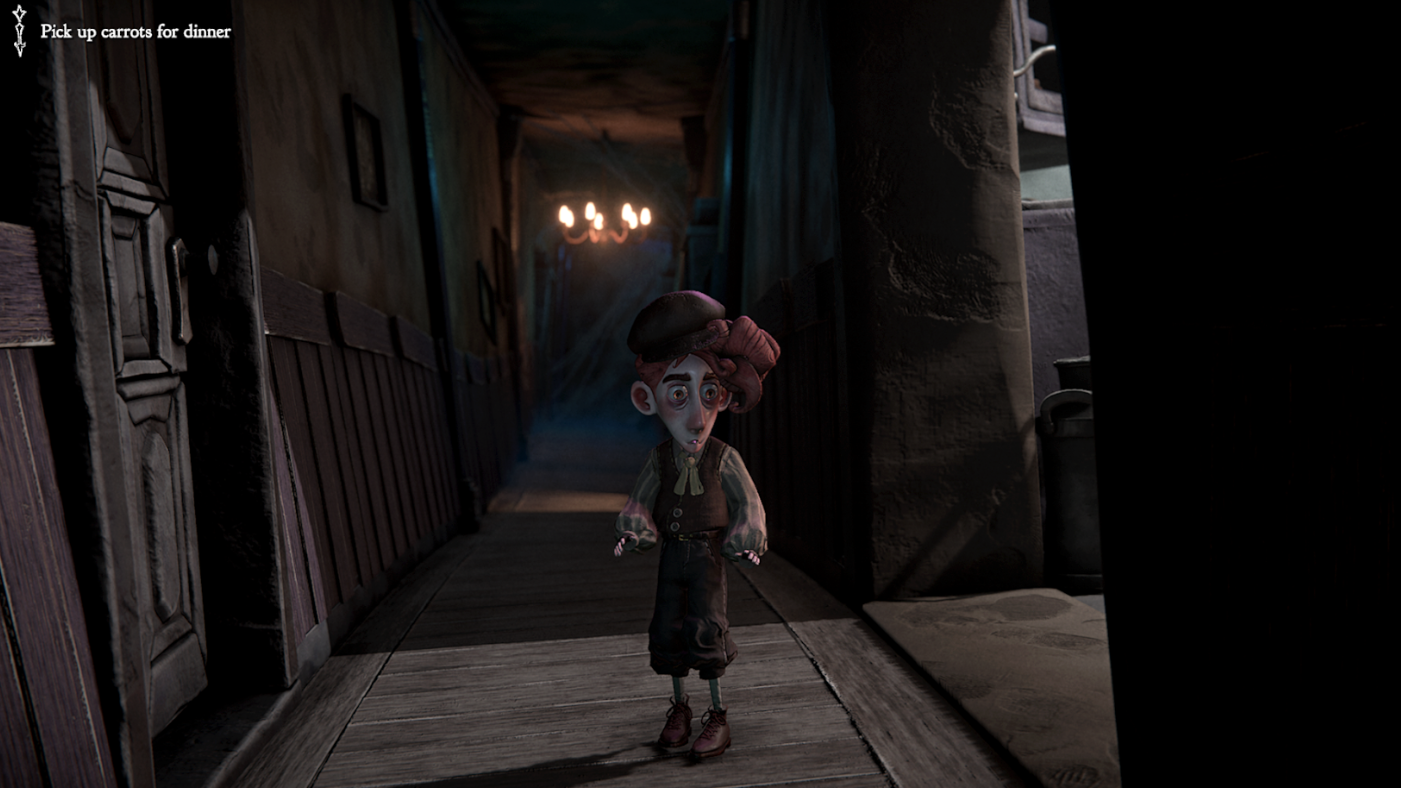 Capture de gameplay d’un jeu d’aventure à l’esthétique stop-motion montrant Maddox dans un couloir sombre et étroit éclairé par un lustre au fond. Le personnage au visage inquiet avance dans un intérieur ancien aux murs usés. L’objectif affiché en haut à gauche indique « Pick up carrots for dinner ».
