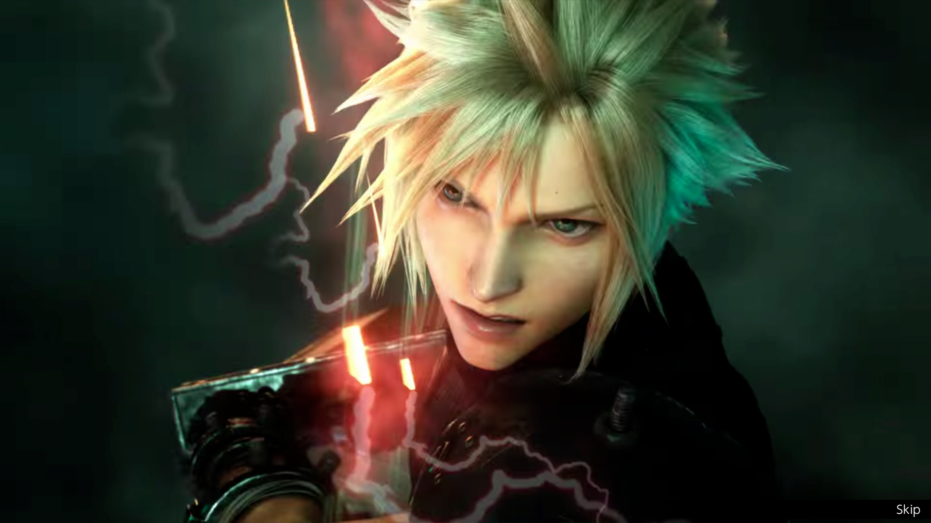 Capture d’écran de Final Fantasy montrant un guerrier blond aux cheveux hérissés en gros plan, le regard intense et une grande épée visible au premier plan. Des éclairs rouges et une lumière verte dramatique entourent le personnage, donnant à la scène une ambiance de combat cinématique et tendue.