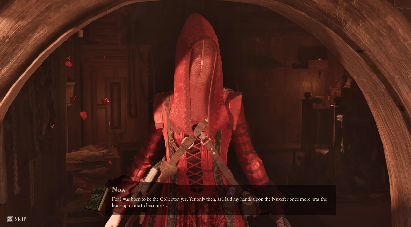 Capture d’une cinématique montrant Noa, personnage vêtu de rouge dont le visage est entièrement dissimulé sous un long voile, dans un intérieur en bois éclairé de rouge. Une boîte de dialogue en anglais évoque son destin de Collector et le Nuxefer.