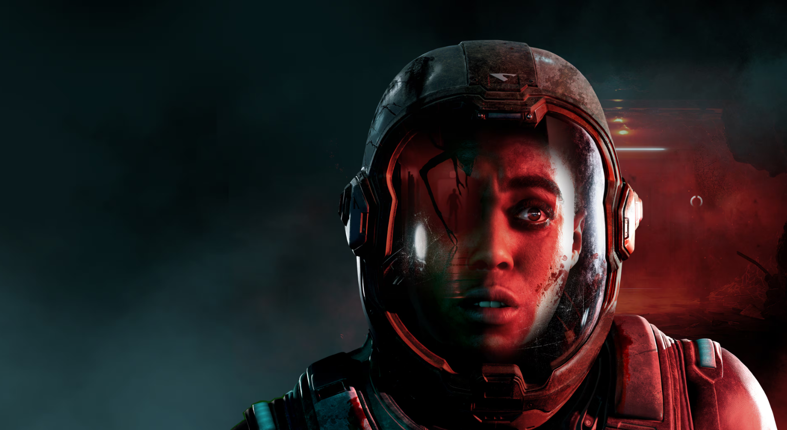 Gros plan sur une femme portant un casque spatial futuriste, le visage marqué par des blessures et éclairé d’une intense lumière rouge. Son expression inquiète se détache sur un décor sombre aux teintes bleu-vert.