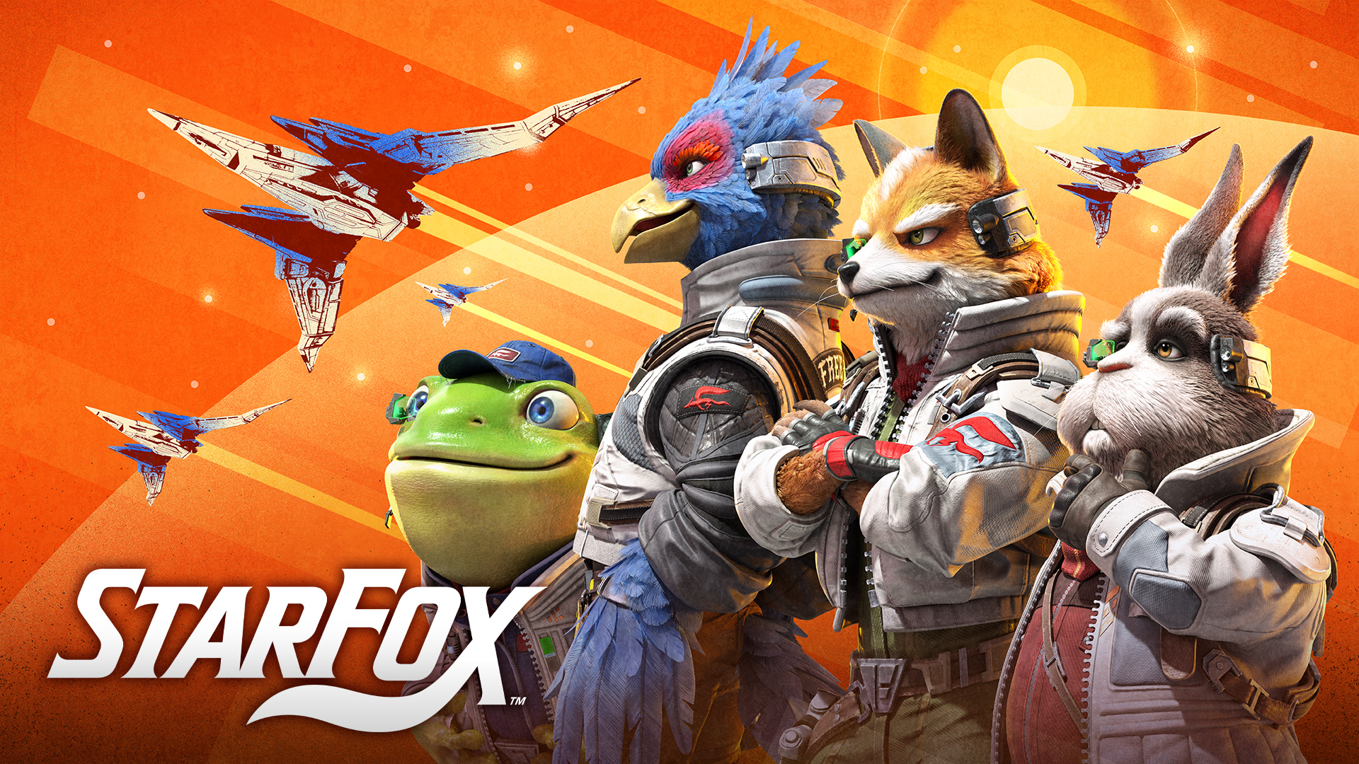Illustration promotionnelle de Star Fox sur fond orange, avec le logo du jeu en bas à gauche. Les personnages Slippy, Falco, Fox McCloud et Peppy posent en tenue de pilote futuriste, tandis que plusieurs vaisseaux Arwing volent en arrière-plan dans une ambiance spatiale dynamique.