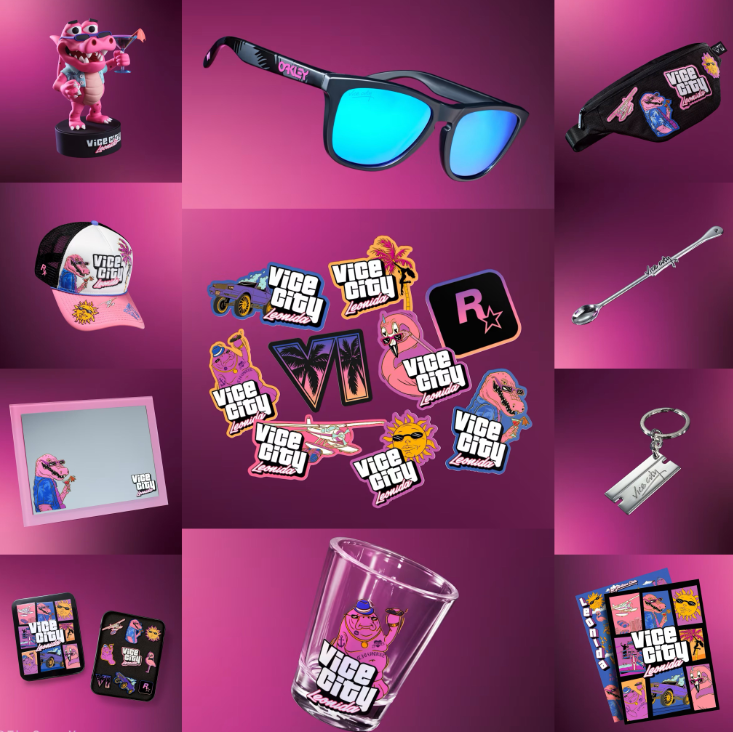 Montage de produits dérivés Vice City Leonida sur fond rose : lunettes de soleil, casquette, sac banane, figurine, miroir, cuillère, porte-clés, verre, carnets et nombreux autocollants aux motifs colorés, avec logos Vice City Leonida et VI.