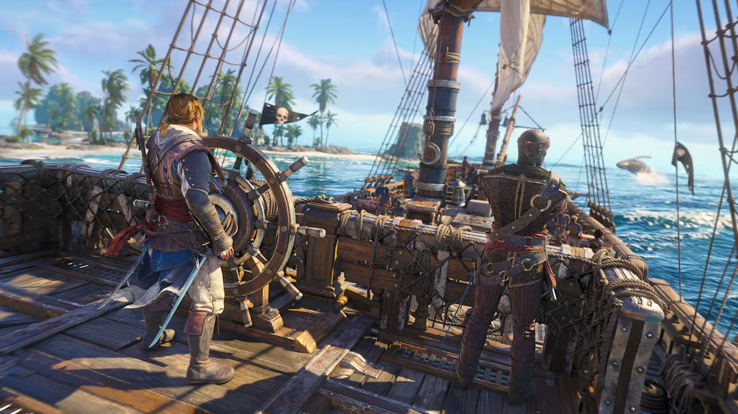 Capture d’écran d’Assassin’s Creed IV: Black Flag montrant Edward Kenway à la barre d’un voilier pirate aux côtés d’un membre d’équipage, naviguant près d’une île tropicale bordée de palmiers. Le pont est rempli de cordages, mâts et voiles, tandis qu’un drapeau pirate flotte à l’arrière et qu’une baleine semble surgir de l’eau au loin.