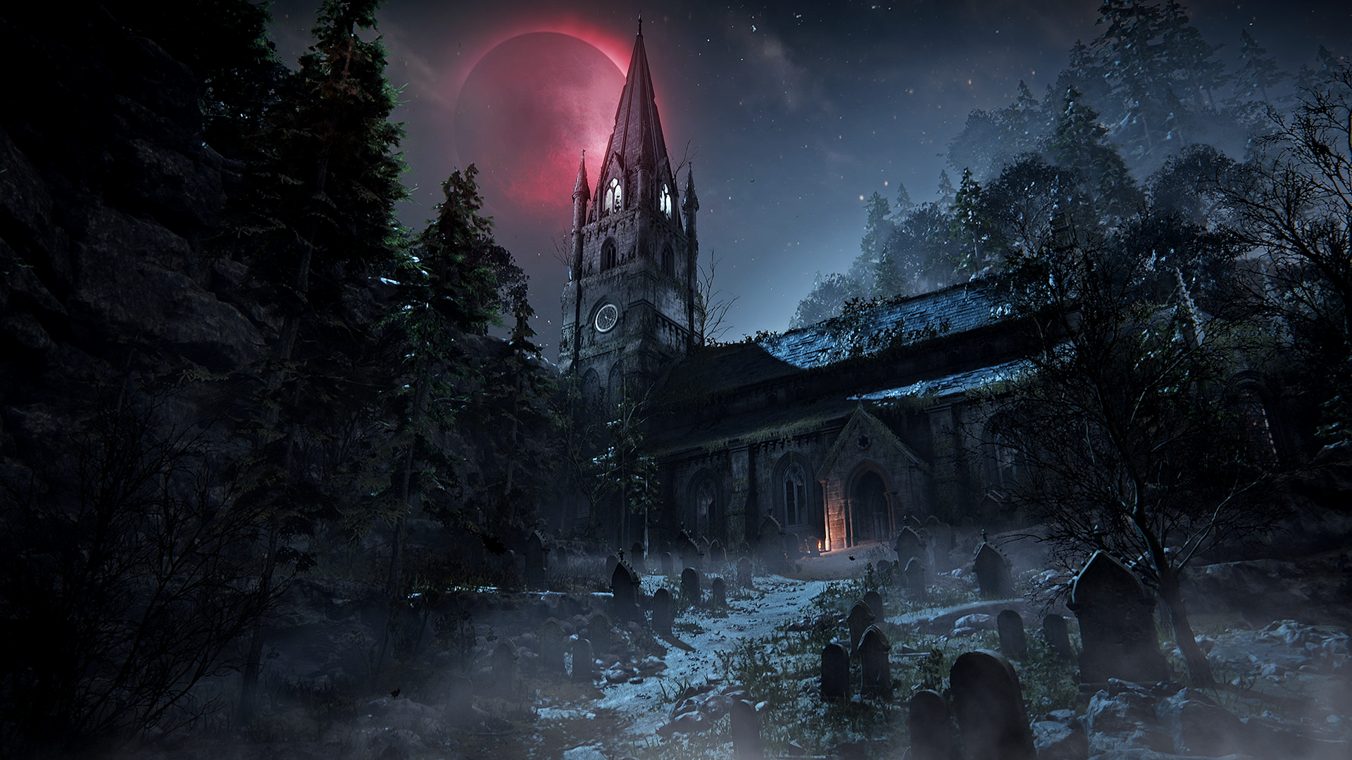 Capture d’écran de The Duskbloods montrant une église gothique sombre au cœur d’un cimetière brumeux, entourée d’arbres et de tombes. Une immense lune rouge éclaire le ciel nocturne, créant une ambiance horrifique, mystérieuse et surnaturelle.