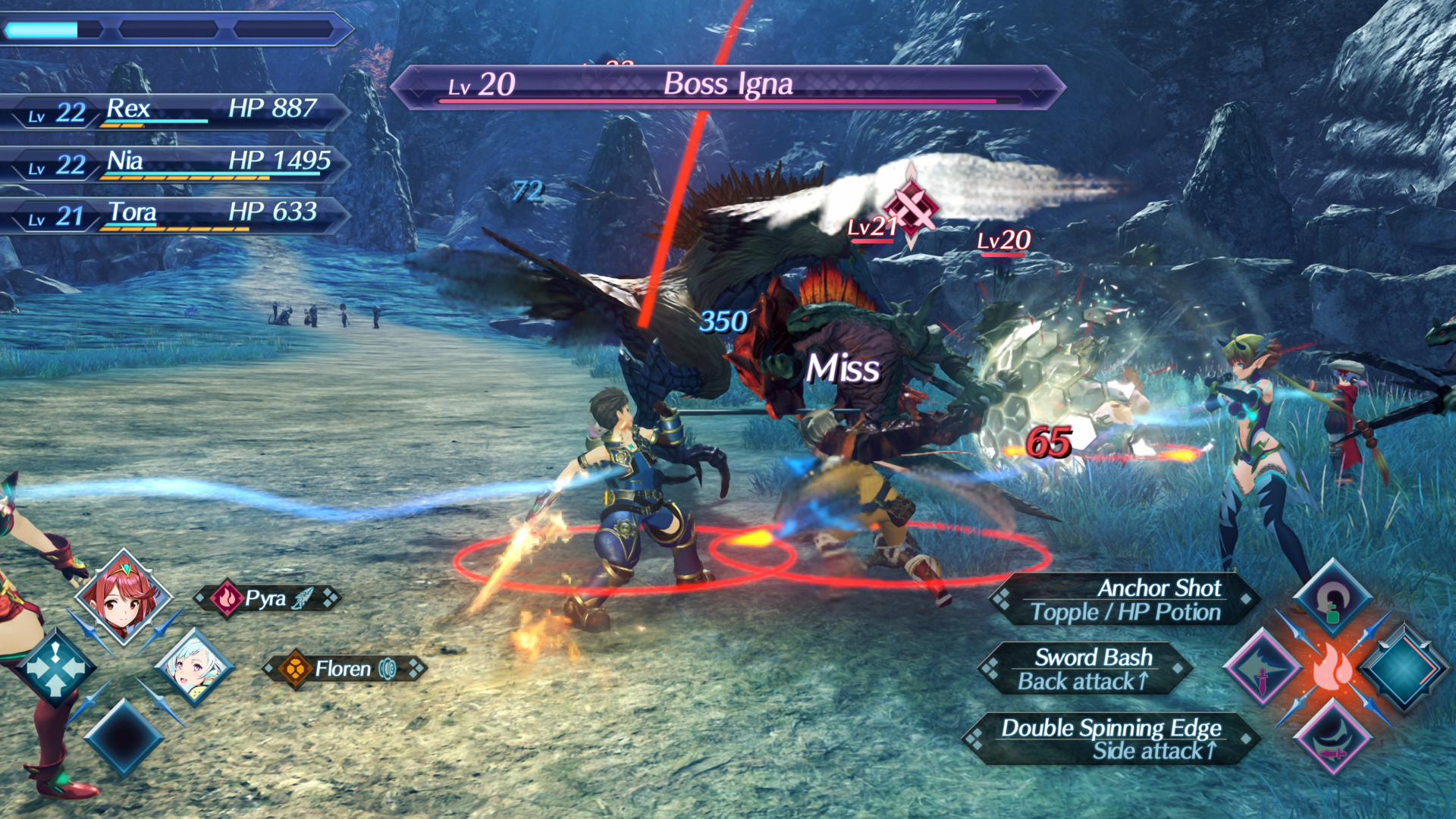 Capture d’écran de Xenoblade Chronicles 2 montrant une bataille contre Boss Igna, une grande créature reptilienne, dans une zone rocheuse bleutée. L’interface affiche les points de vie de Rex, Nia et Tora, les dégâts, les attaques disponibles et plusieurs personnages combattant au corps à corps.