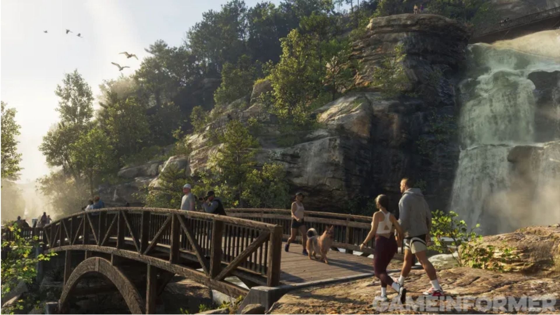 Capture de jeu montrant un homme barbu et tatoué en tenue de biker, bras croisés, accompagné d’une femme vêtue de noir dans un bar éclairé par des néons rouges et verts. D’autres clients jouent au billard en arrière-plan.